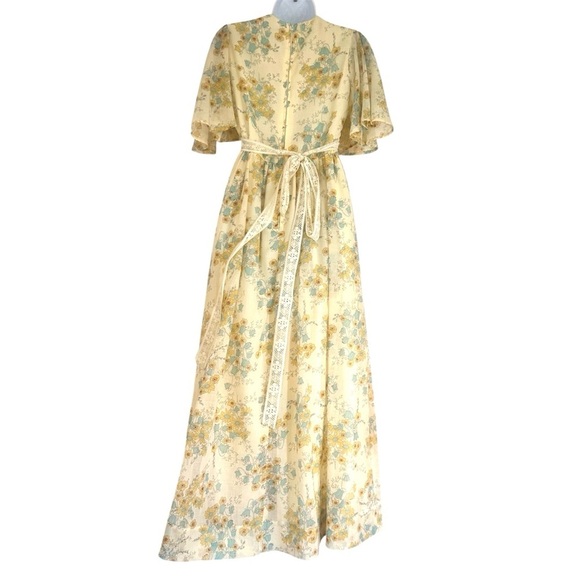 ACT I NEW YORK VTG 70s Pale Yellow Boho Floral Flutter Sleeve Maxi Dress Sz 7 S - Picture 7 of 14
